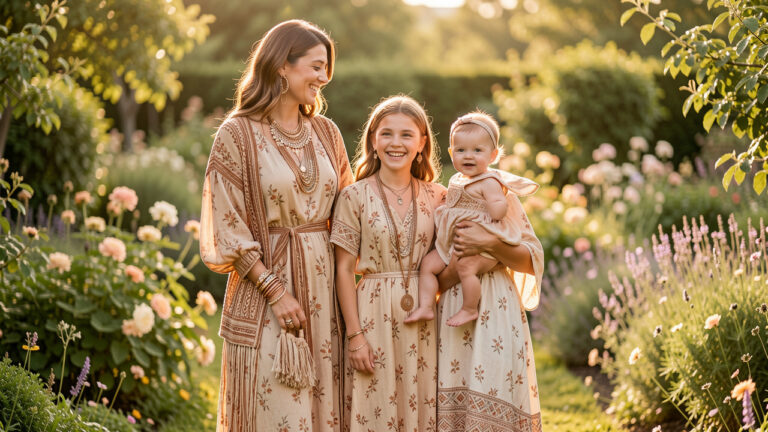 Une femme, une petite fille et un bébé portent des tenues élégantes d’inspiration bohème chic dans un jardin baigné de lumière dorée.