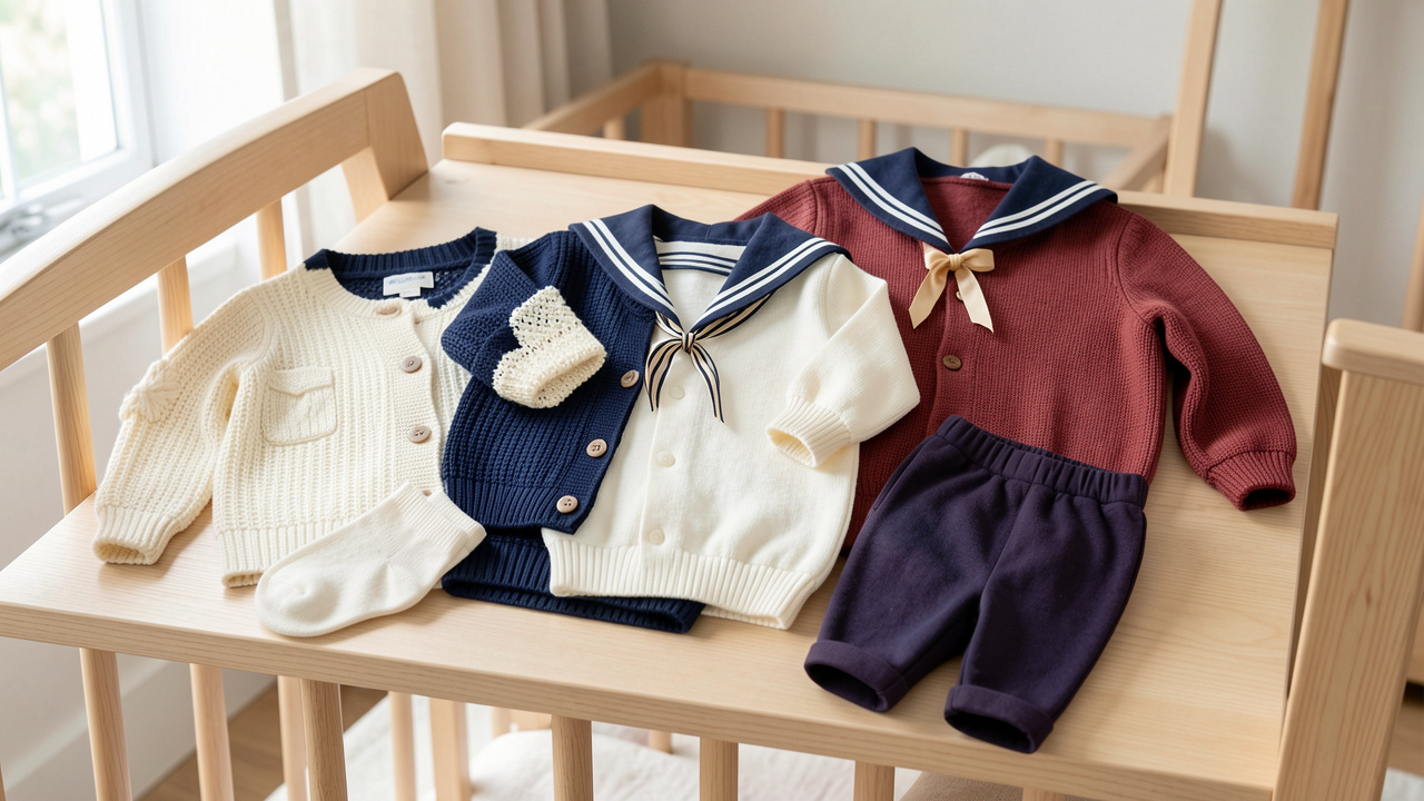 Sélection de tenues marines pour bébé dans des tons crème, bleu marine et rouge doux, avec des vêtements en coton et en maille soigneusement disposés dans une chambre lumineuse.