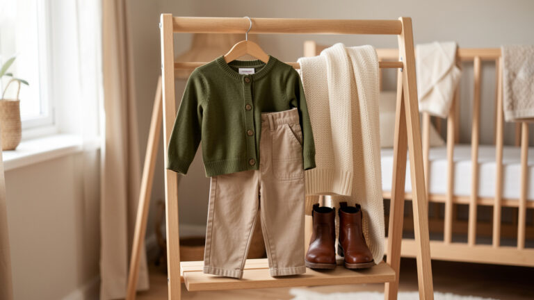 Tenue pour bébé ou enfant inspirée du style militaire chic, avec des couleurs kaki, beige et crème, présentée dans une ambiance douce et chaleureuse.