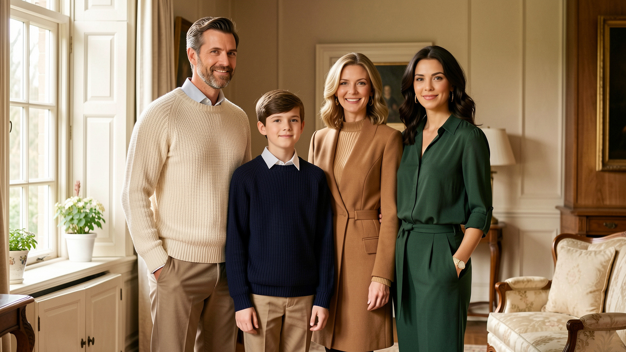 Une famille de quatre personnes porte des pulls, hauts et chemisiers élégants dans des tons crème, bleu marine, camel et vert forêt, dans un intérieur classique baigné de lumière.