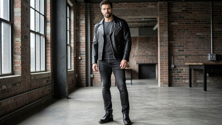 Homme portant une veste en cuir noire, un tee-shirt gris foncé, un jean ajusté et des bottines en cuir dans un intérieur urbain lumineux.