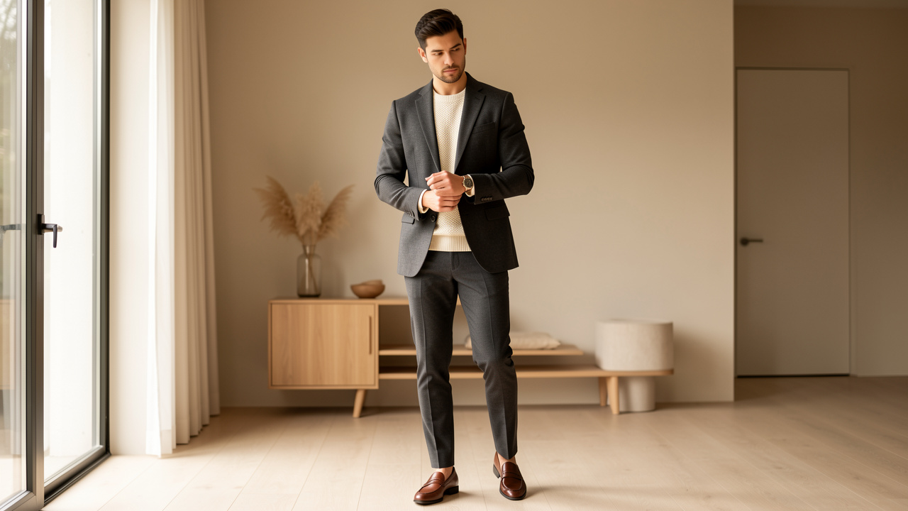Homme vêtu d’un blazer anthracite, d’un pull écru et d’un pantalon élégant dans un intérieur minimaliste lumineux, illustrant un style romantique moderne et raffiné.