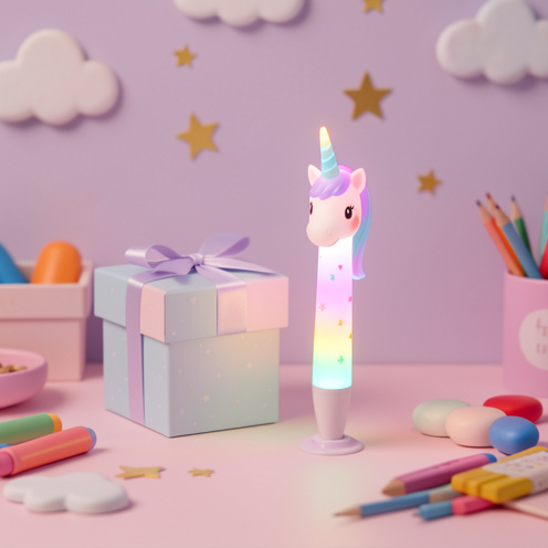 Stylo lumineux décoré d’une licorne posé à côté d’un coffret cadeau pastel sur un bureau créatif pour enfant.