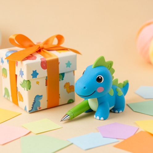 Petit stylo en forme de dinosaure coloré posé près d’un cadeau emballé.