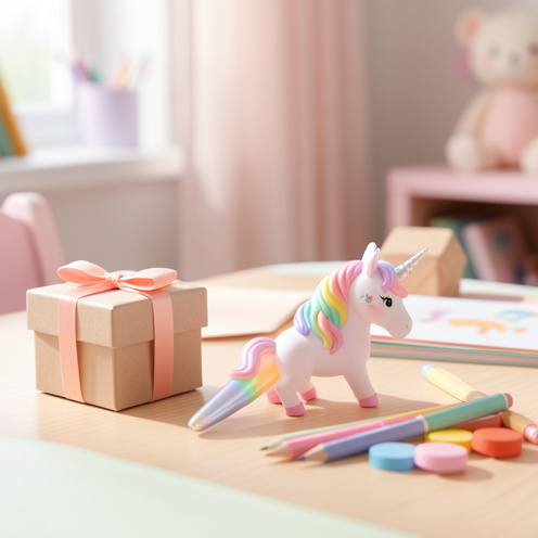 Stylo décoré sur le thème de la licorne, aux couleurs pastel, présenté comme une idée de petit cadeau pour enfant.