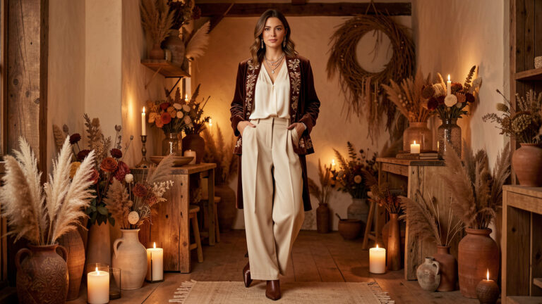 Femme portant une tenue de soirée bohème et élégante composée d’une blouse ivoire, d’une veste en velours brodée et d’un pantalon ample dans un intérieur chaleureux.