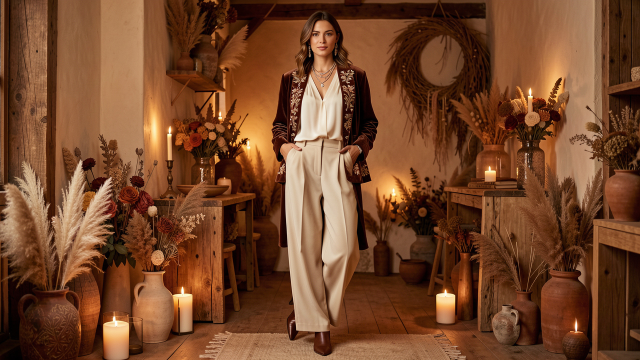 Femme portant une tenue de soirée bohème et élégante composée d’une blouse ivoire, d’une veste en velours brodée et d’un pantalon ample dans un intérieur chaleureux.