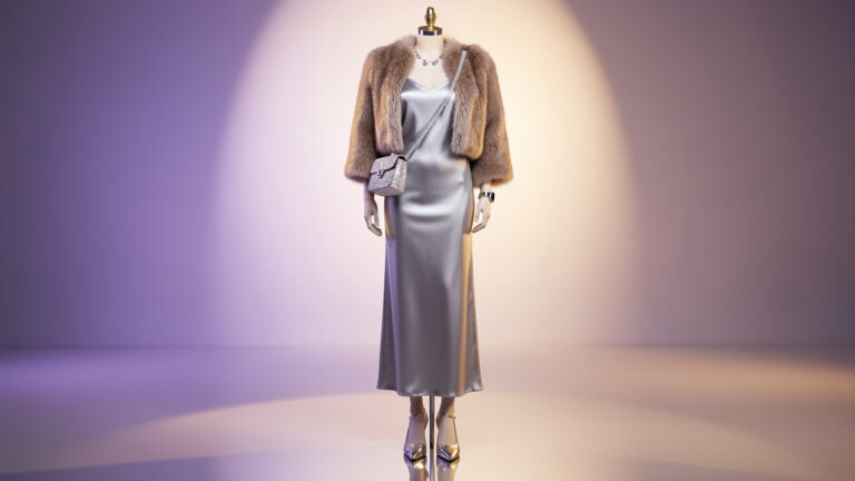 Tenue de soirée élégante inspirée de la tendance Y2K, avec une robe argentée, une veste courte en fausse fourrure et des accessoires métallisés.