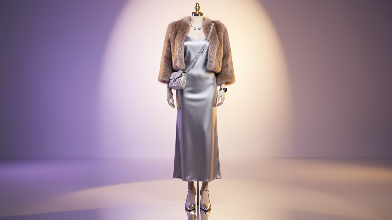 Tenue de soirée élégante inspirée de la tendance Y2K, avec une robe argentée, une veste courte en fausse fourrure et des accessoires métallisés.