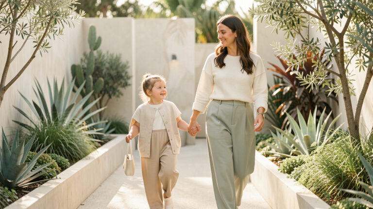 Une mère et sa petite fille portent des tenues élégantes aux couleurs coordonnées dans un jardin lumineux.