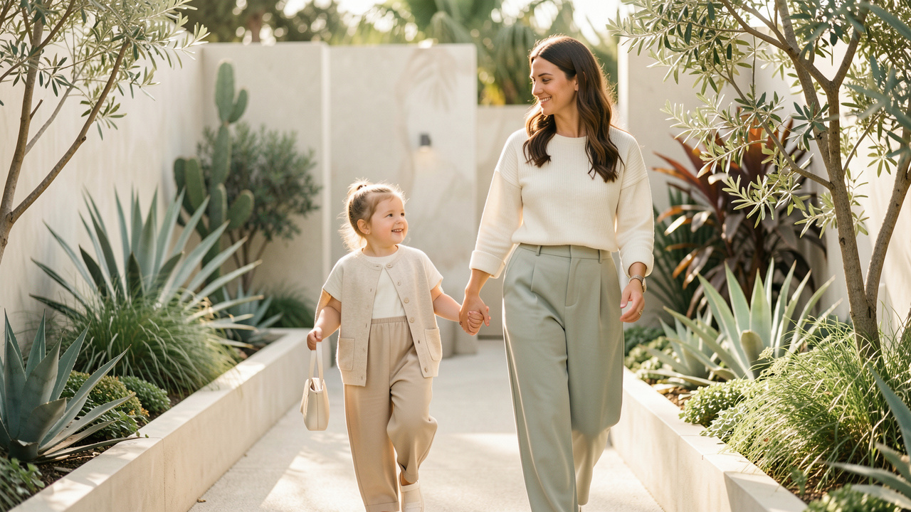 Une mère et sa petite fille portent des tenues élégantes aux couleurs coordonnées dans un jardin lumineux.
