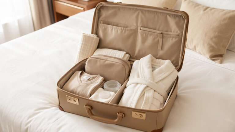 Valise de maternité élégante ouverte et soigneusement organisée avec des vêtements de bébé, des langes, une trousse de toilette et quelques essentiels dans des tons neutres.