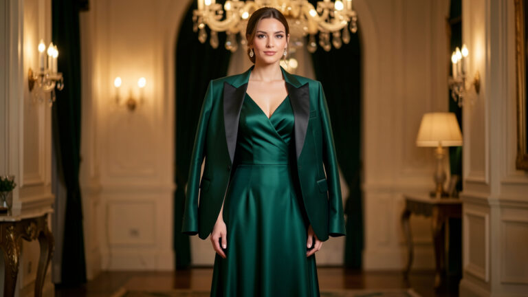 Femme élégante portant une robe de soirée longue avec une veste de smoking satinée posée sur les épaules dans un intérieur luxueux.
