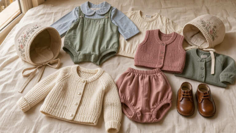 Sélection de vêtements et accessoires vintage pour bébé disposés avec élégance dans des tons pastel doux.